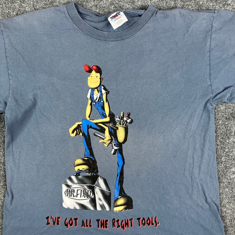 TNT T-Shirt‎ Mens Large Blue Mr. Fix It Graphic Cartoon Funny Workwear 90s VTG